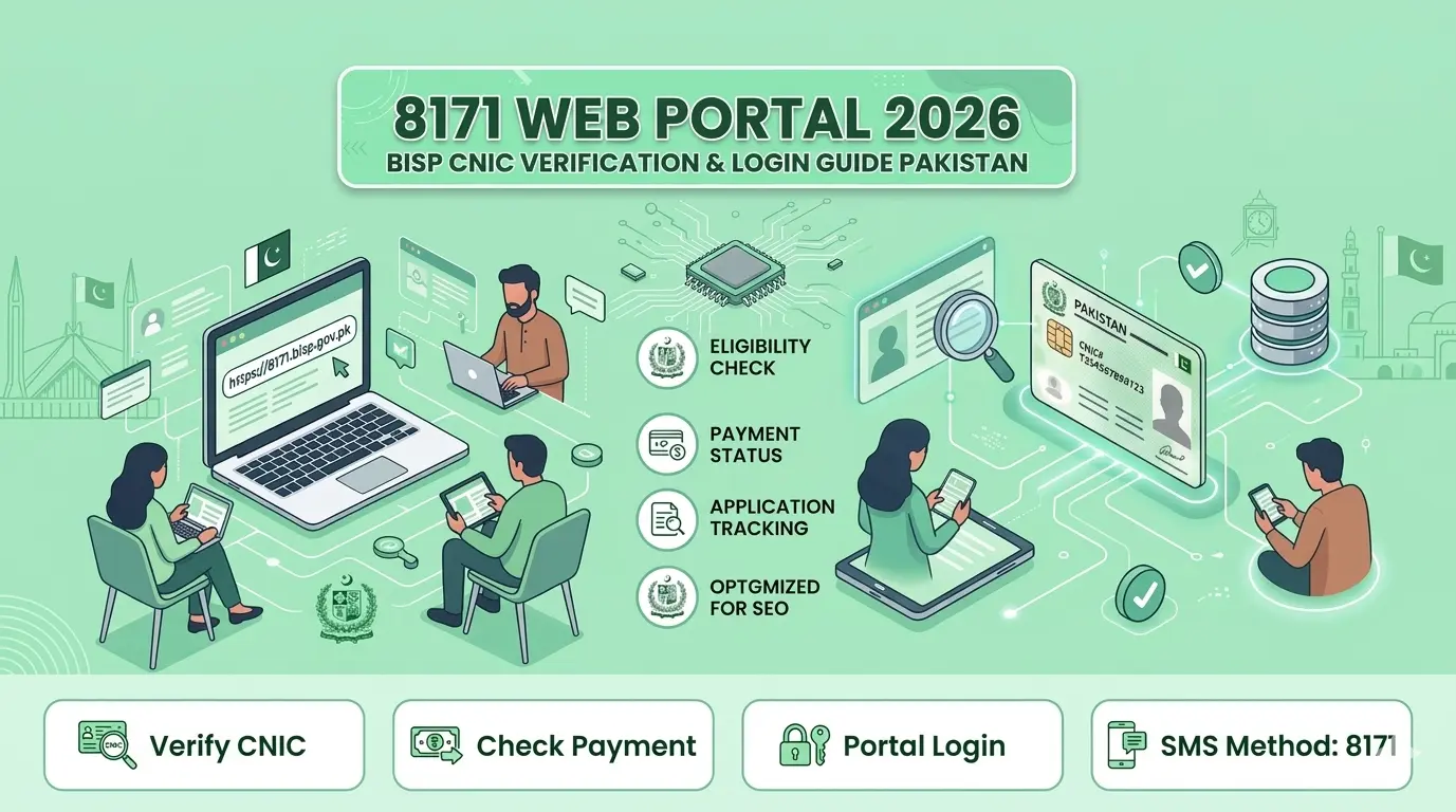 8171 Web Portal 2026 showing BISP CNIC verification and login process in Pakistan