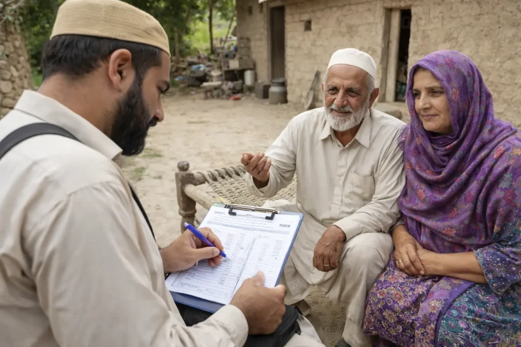 A man verifying applicant details for Ehsaas Programme registration, checking family information through the NSER survey and government verification process.