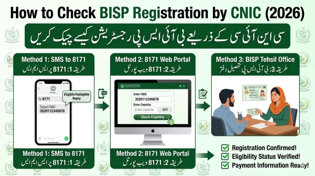 BISP registration check by CNIC through 8171 SMS service, online portal, and tehsil office