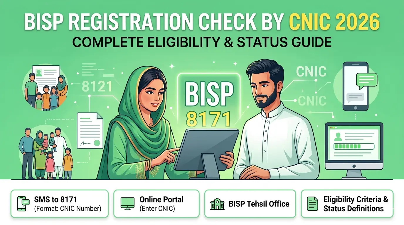 BISP registration check by CNIC 2026 showing 8171 eligibility verification through SMS, online portal and BISP office