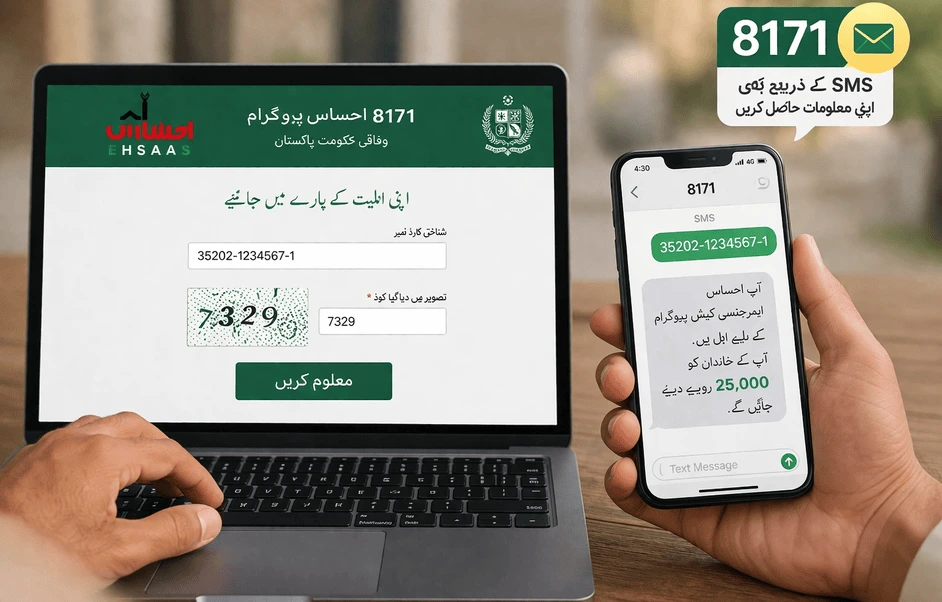 Person using 8171 online portal for CNIC eligibility check and BISP payment verification in Pakistan