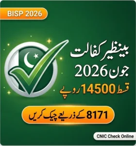 BISP 8171 June 2026 payment update showing Rs. 14,500 Benazir Kafalat installment status check by CNIC through the 8171 portal in Pakistan
