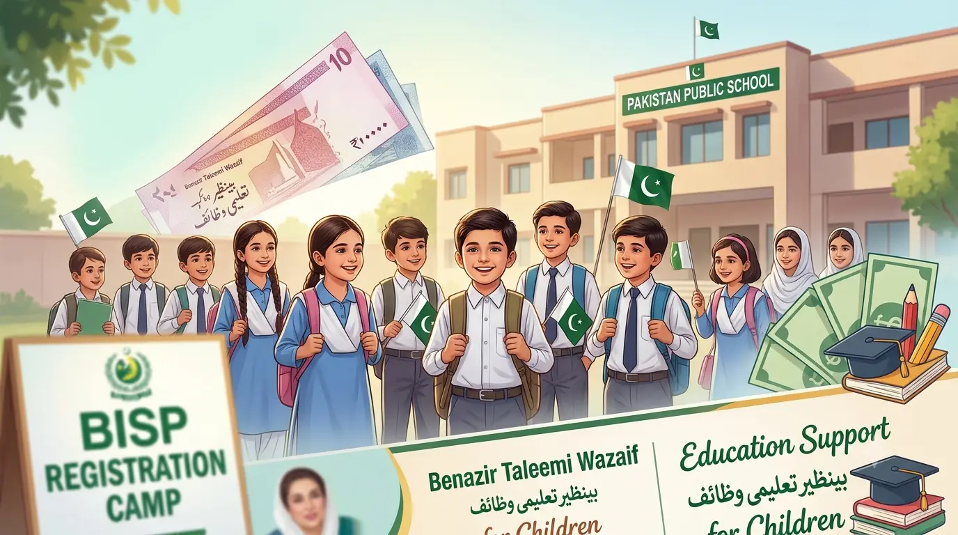 Pakistani school children in uniforms walking in front of a school with a BISP registration camp banner for the Benazir Taleemi Wazaif education stipend program.