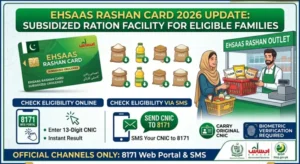 Ehsaas Rashan Card 2026 update infographic showing 8171 CNIC eligibility check methods and subsidized grocery items.