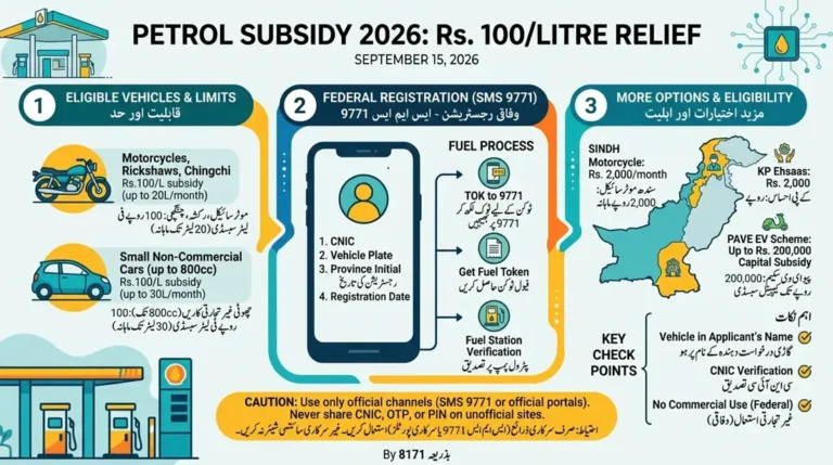 Infographic displaying the Petrol Subsidy 2026 scheme, outlining eligibility for motorcycles, rickshaws, and 800cc cars, SMS 9771 registration steps, and provincial fuel support details.