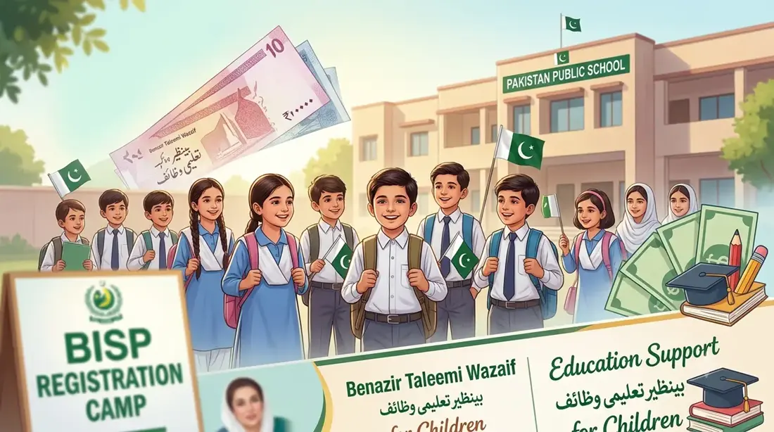 Pakistani school children in uniforms walking in front of a school with a BISP registration camp banner for the Benazir Taleemi Wazaif education stipend program.
