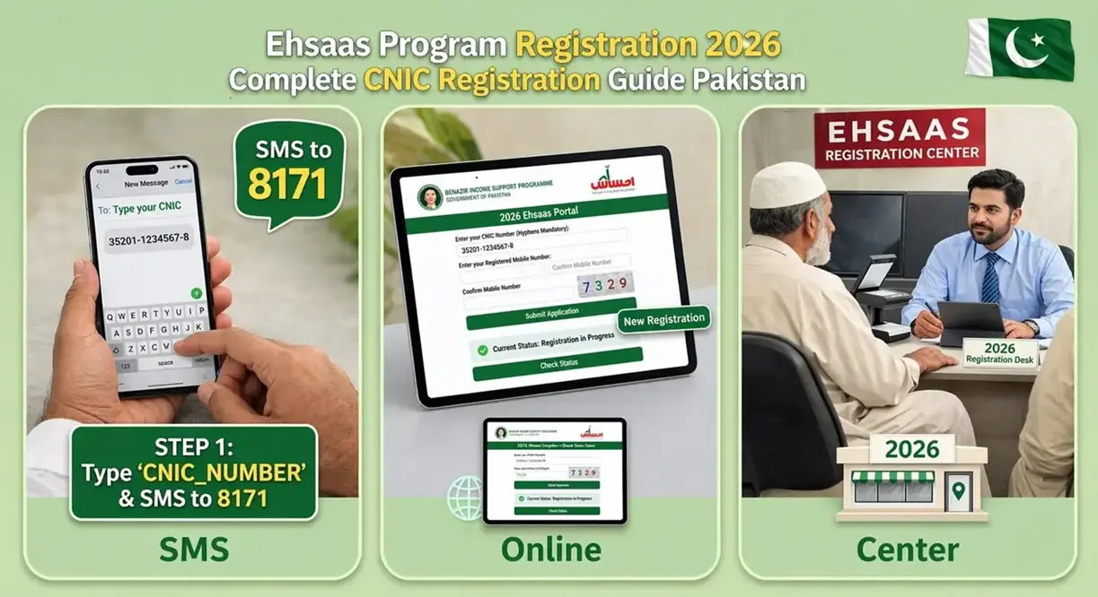Ehsaas Program Registration 2026 complete CNIC registration guide in Pakistan showing SMS 8171, online portal and registration center methods